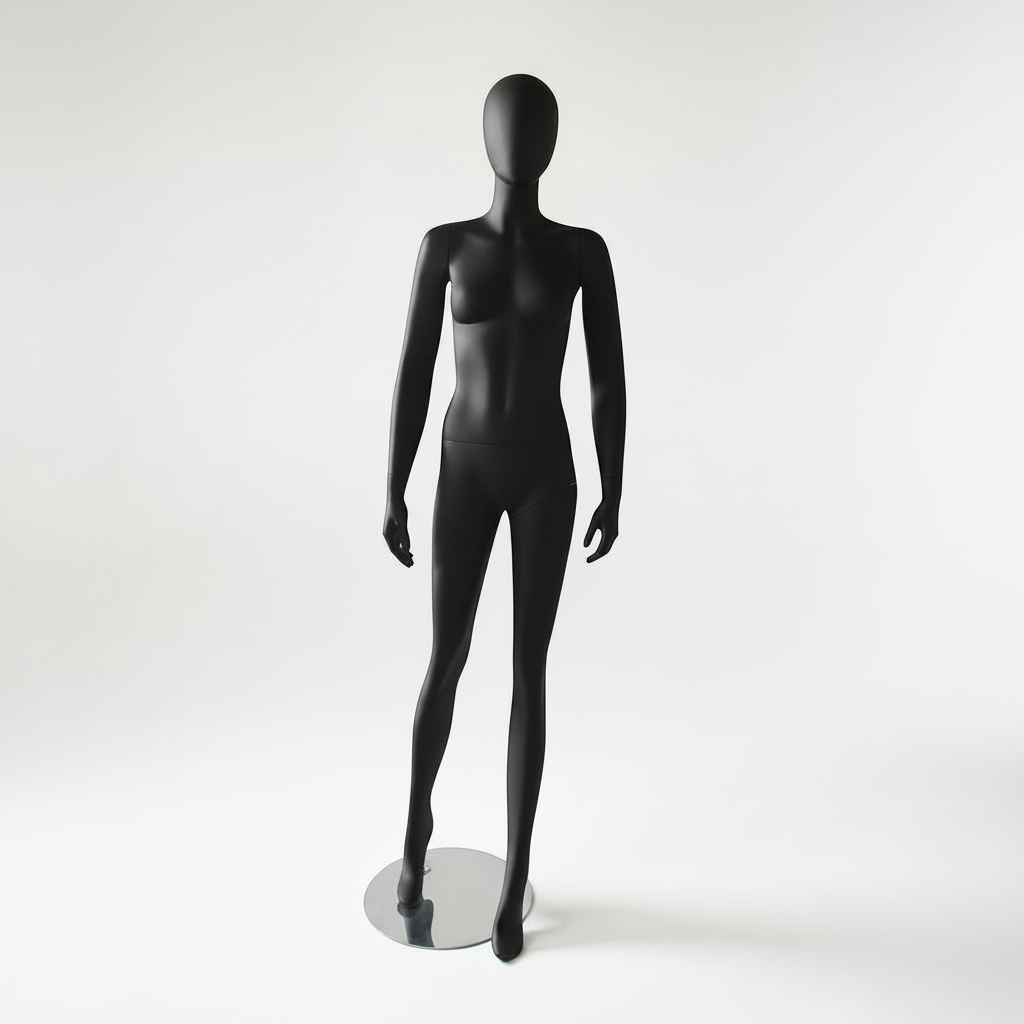 1300 Gesichtslose weibliche Schaufensterpuppe. Schwarz mit Kopf (Ei). Runder Metallsockel. Höhe 180 cm. Modell A