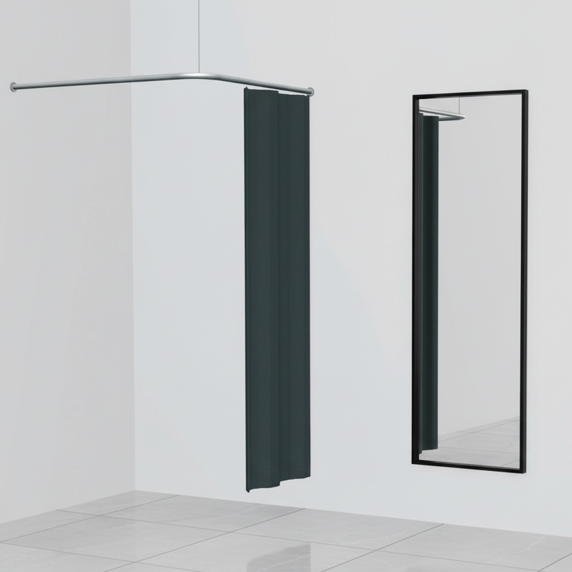 Umkleidekabine, V-Lösung (Ecklösung), inkl. schwarzem Vorhang, gardinenstange in Aluminiumfarbton. 100 x 100 cm, freihängend