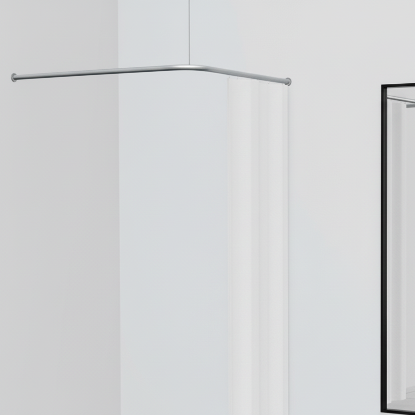 Umkleidekabine, V-Lösung (Ecklösung), inkl. weißem Vorhang, gardinenstange in Aluminiumfarbe. 100 x 100 cm, freihängend