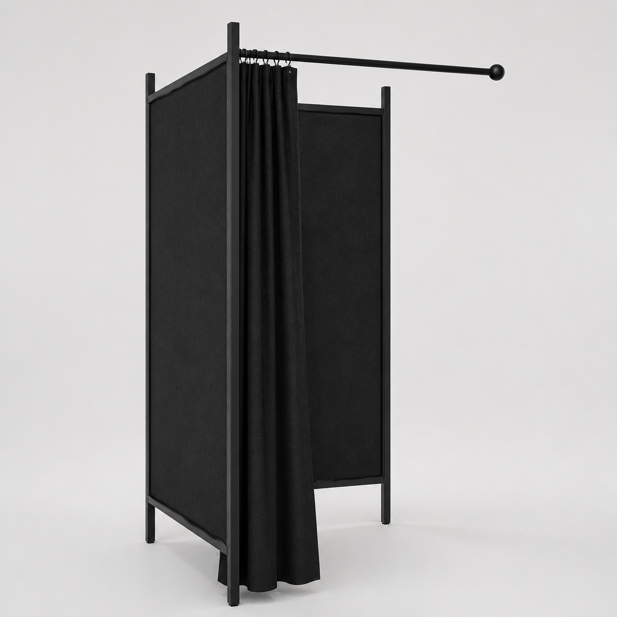 Flex, Umkleidekabine, 2 Seiten, Gestell schwarz, inkl. 1 schwarzem Vorhang, STOF-SIDER in schwarz, 100 x 100 cm.
