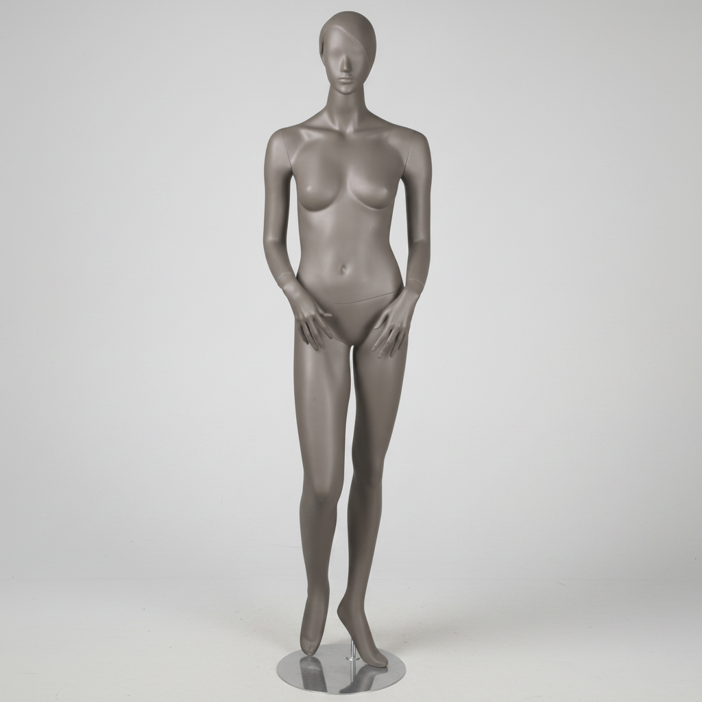 Weibliche Schaufensterpuppe, Größe 1400. Grau, matt, mit Kopf, Gesicht und modelliertem Haar. Höhe 178 cm. Hände nach vorn gerichtet.