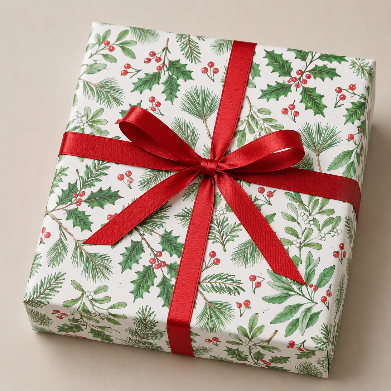 Weihnachtliches Geschenkpapier mit Stechpalmen und Tannenzweigen. B50 cm x 50 mtr.
