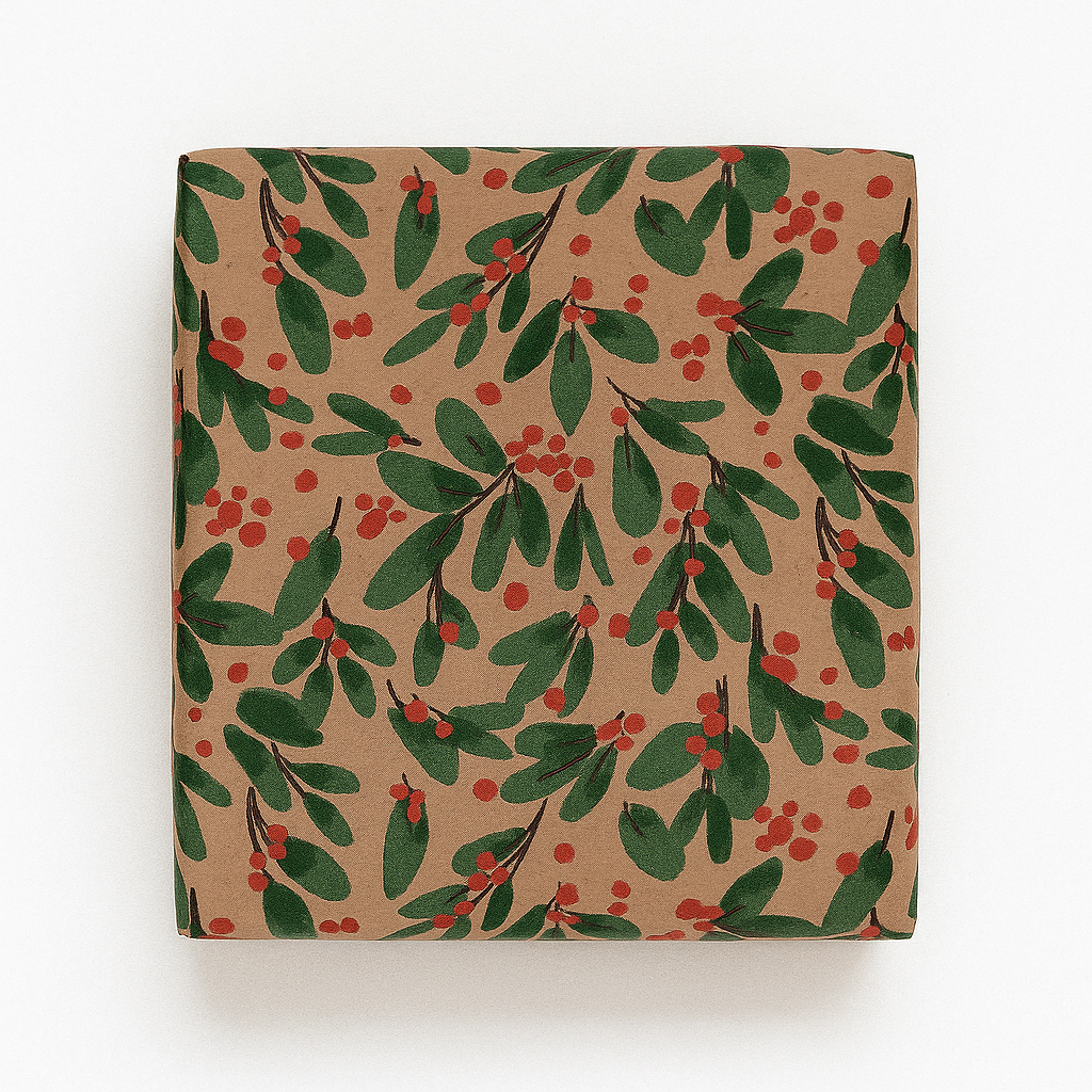 Weihnachtspapier B 50 cm. Winterbeeren, braunes Kraftpapier. 50 m.