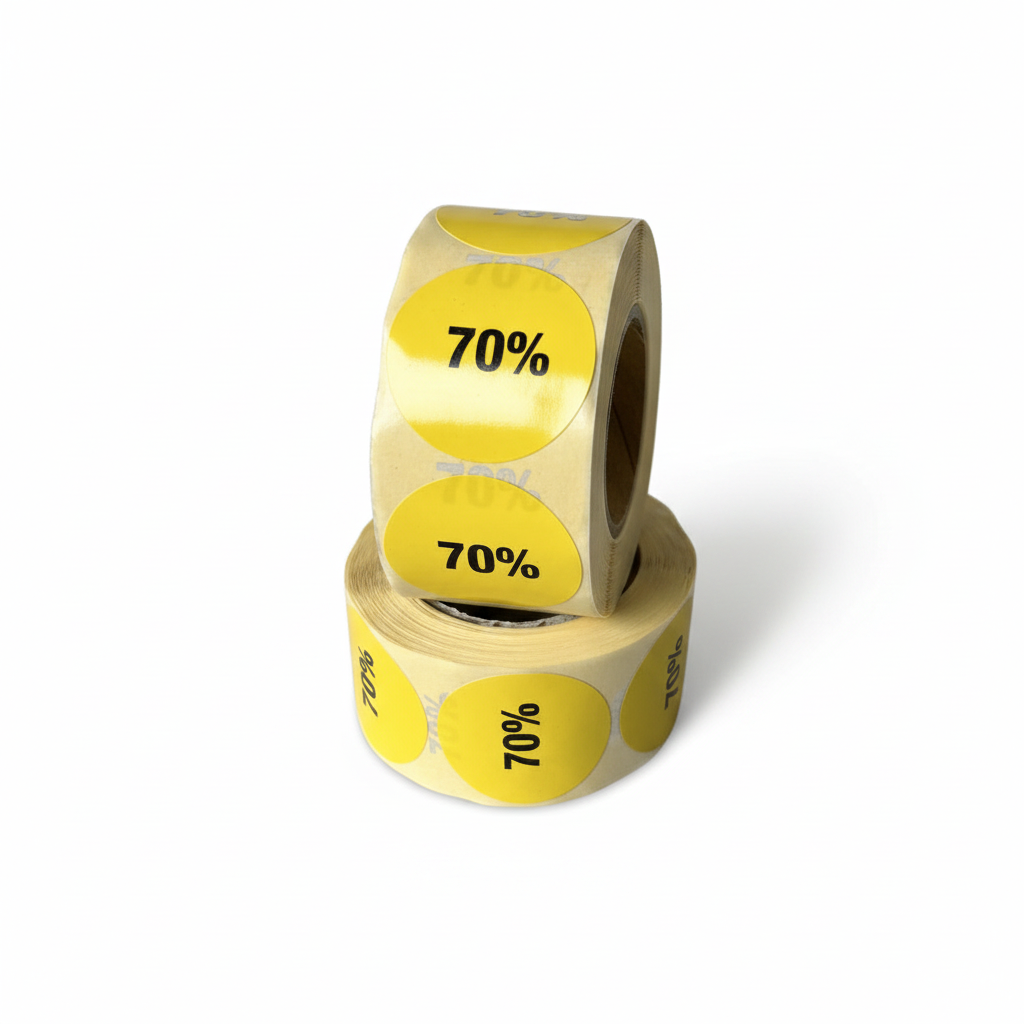 Gelber Rabattaufkleber 70%. Rolle mit 500 Stück. Ø 30 mm.