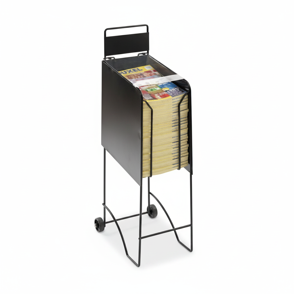 Katalogständer für A4-Zeitschriften. Schwarzes Metall mit Rollen und schmalem Schild. 21,5 x 97 cm (Höhe).