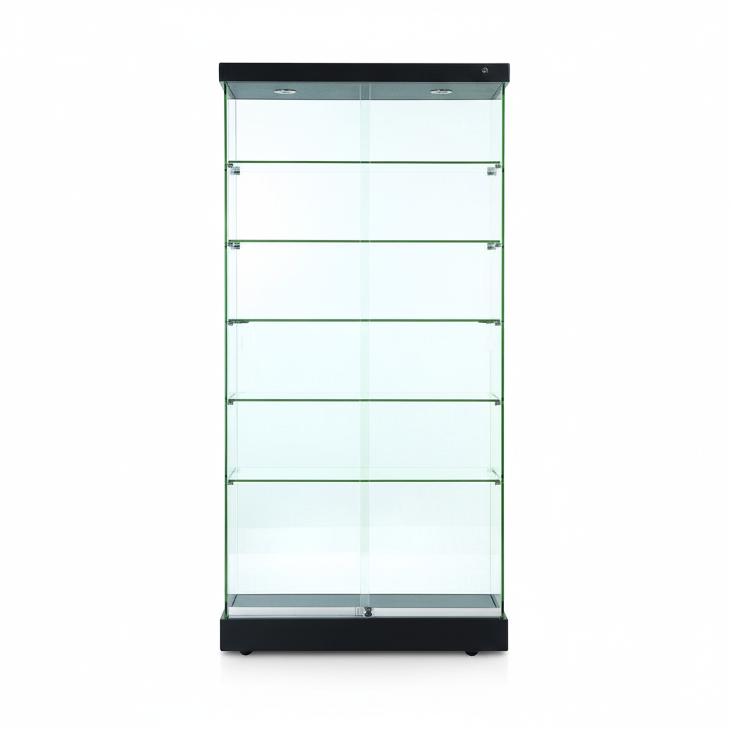Vitrine - Toscana II, Bodenvitrine, mit Beleuchtung und schwarzer Ober- und Unterseite, 90 x 46 x H184 cm.