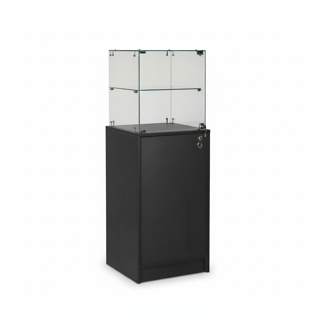 Schmale Vitrine mit Unterschrank. Abschließbare Vitrine und Unterschrank, schwarz, B 46 x T 46 x H 148 cm