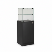 Schmale Vitrine mit Unterschrank. Abschließbare Vitrine und Unterschrank, schwarz, B 46 x T 46 x H 148 cm
