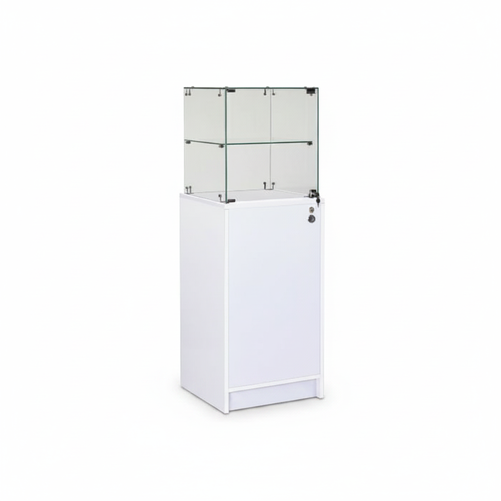 Schmale Vitrine mit Unterschrank. Abschließbare Vitrine und Unterschrank, weiß, B 46 x T 46 x H 148 cm