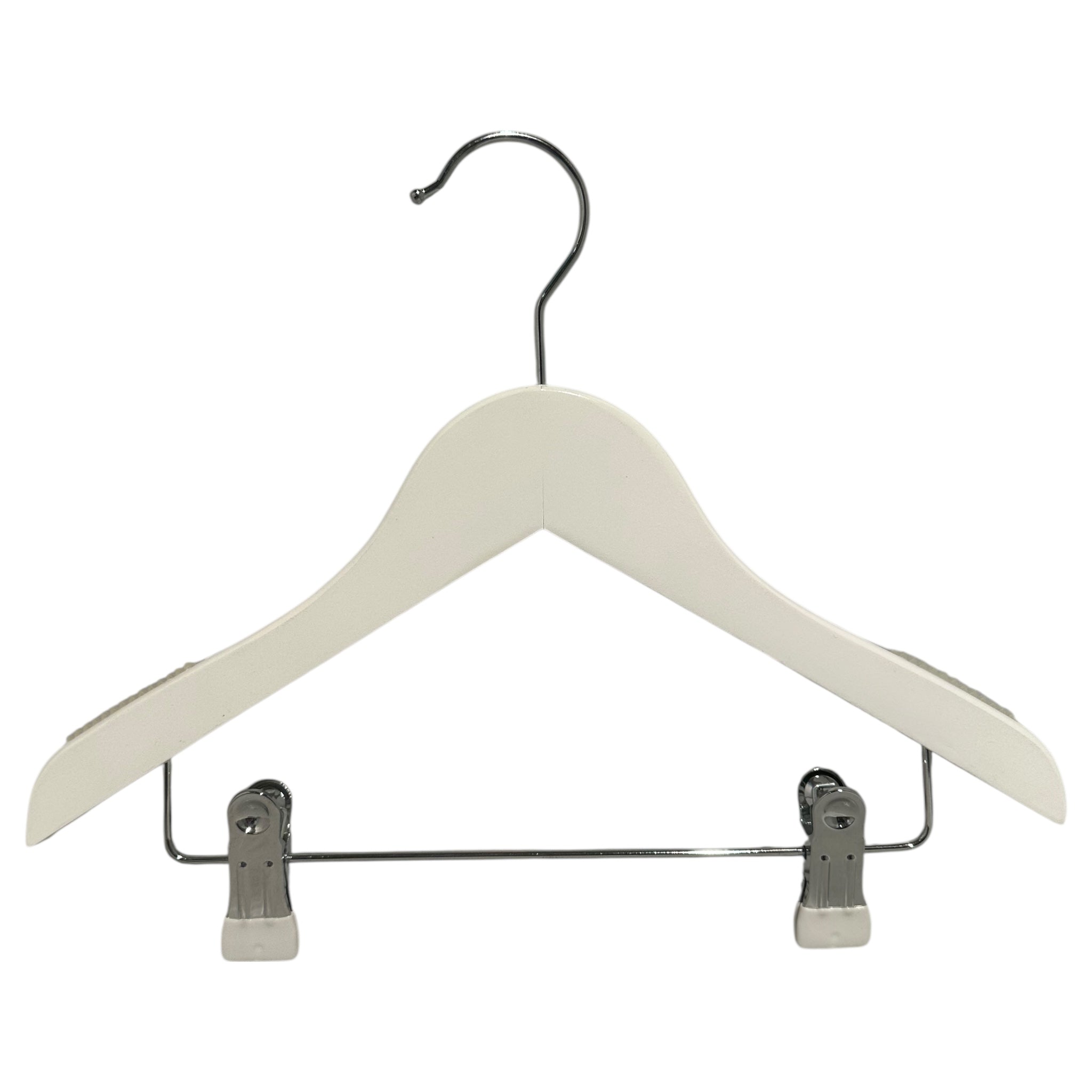 Holzbügel, massiv, flach, Junior, mit Klemme, weiß, 32 cm