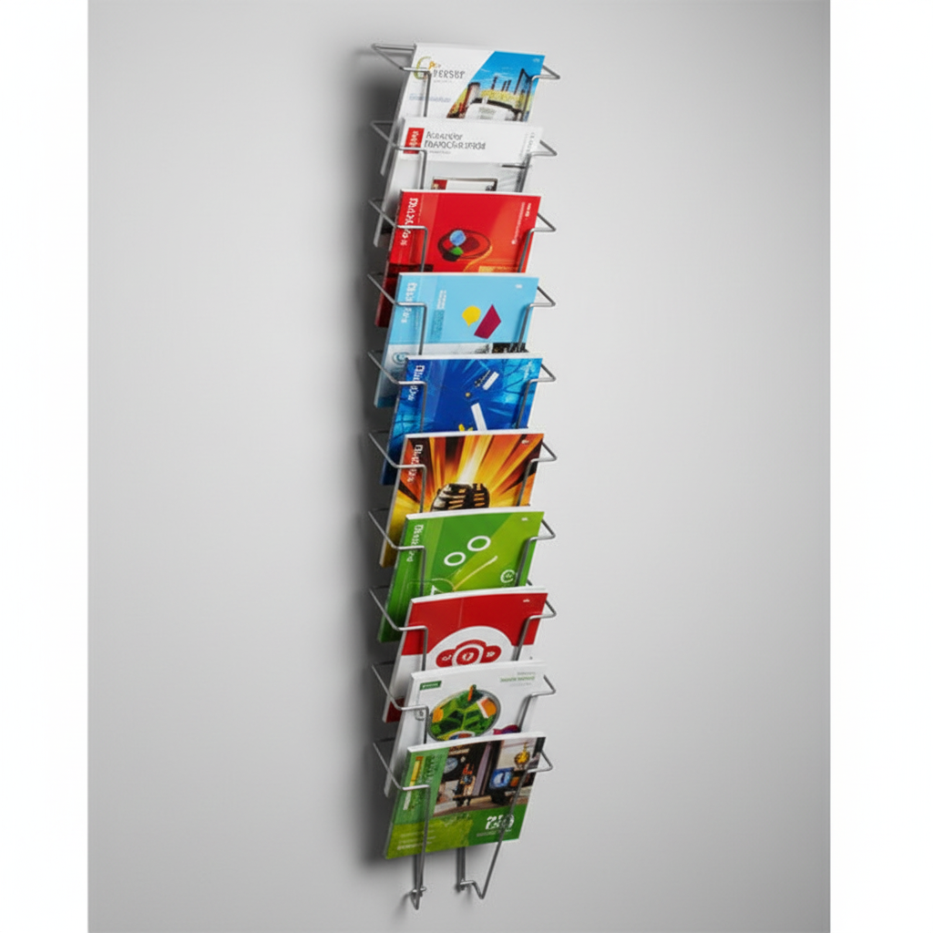 Prospekthalter für Wand, A5, 9 Fächer, Aluminium, 16,5 x H78 cm.