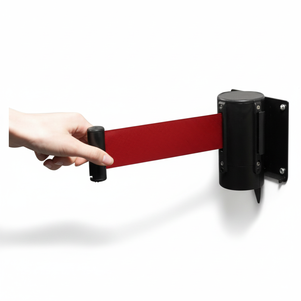 Wandabsperrung, 2 Meter rotes Klebeband. Schwarze Halterung.