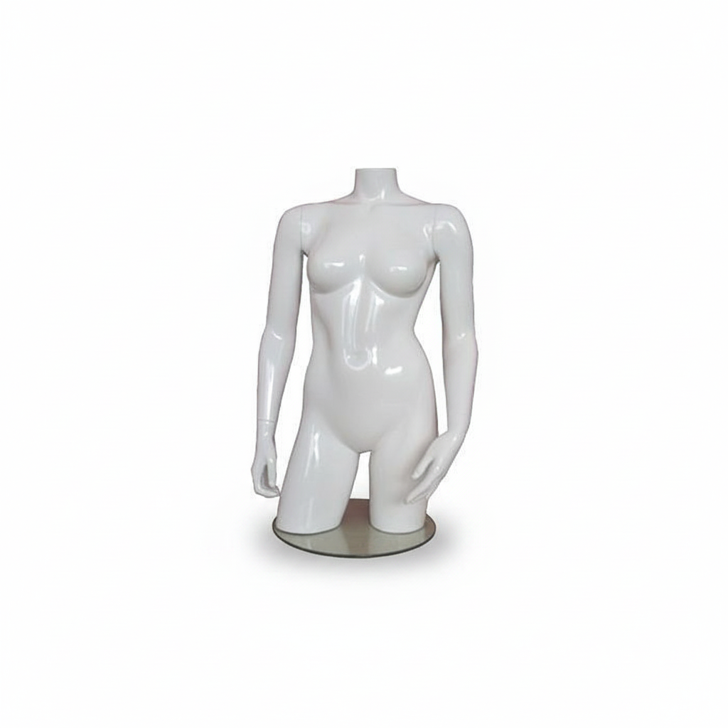 Weiblicher Torso aus Fiberglas. Weiß hochglänzend, ohne Kopf. Torso mit Hüften. Auf Fußplatte.