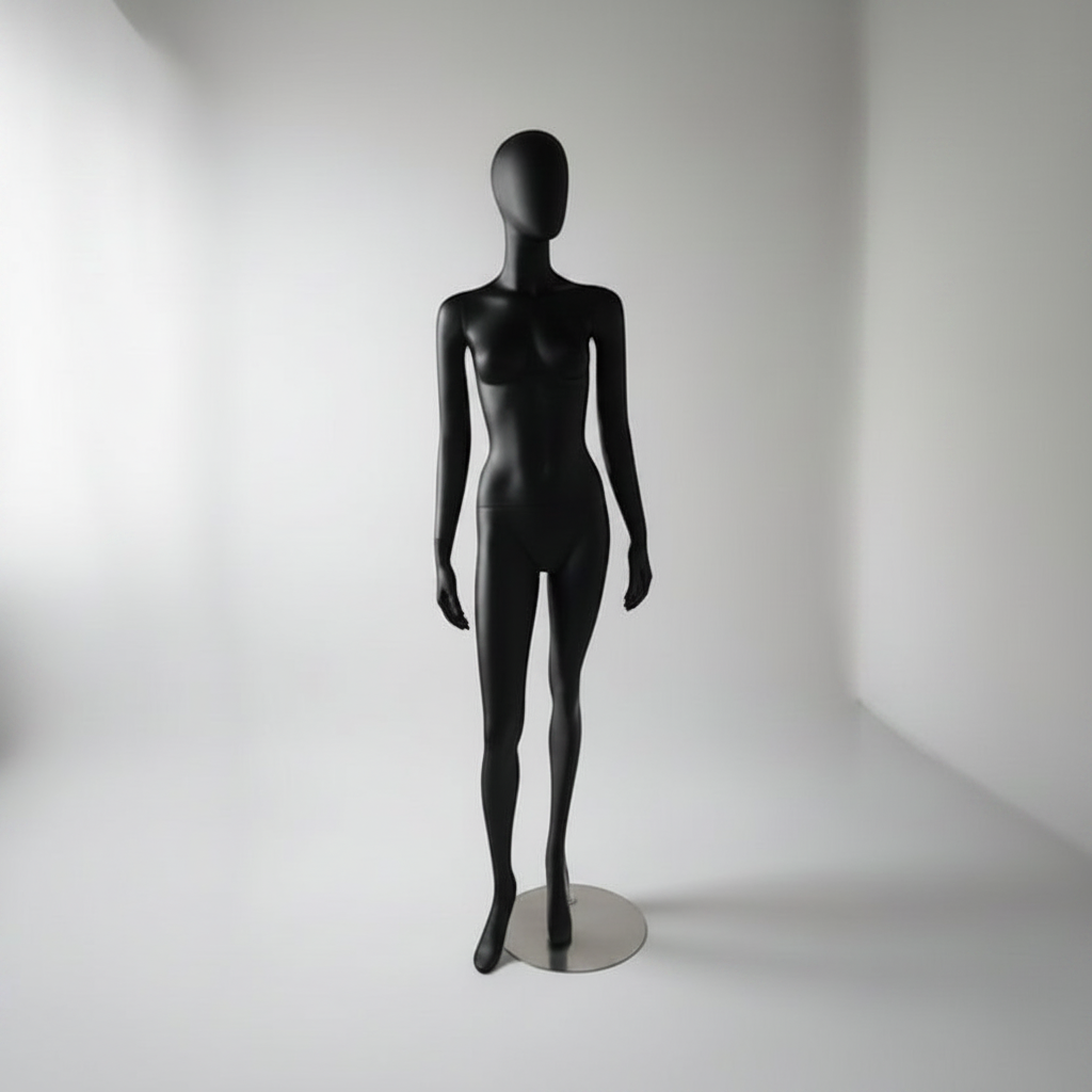 1300 Gesichtslose weibliche Schaufensterpuppe. Schwarz mit Kopf (Ei). Runder Metallsockel. Höhe 180 cm. Modell B