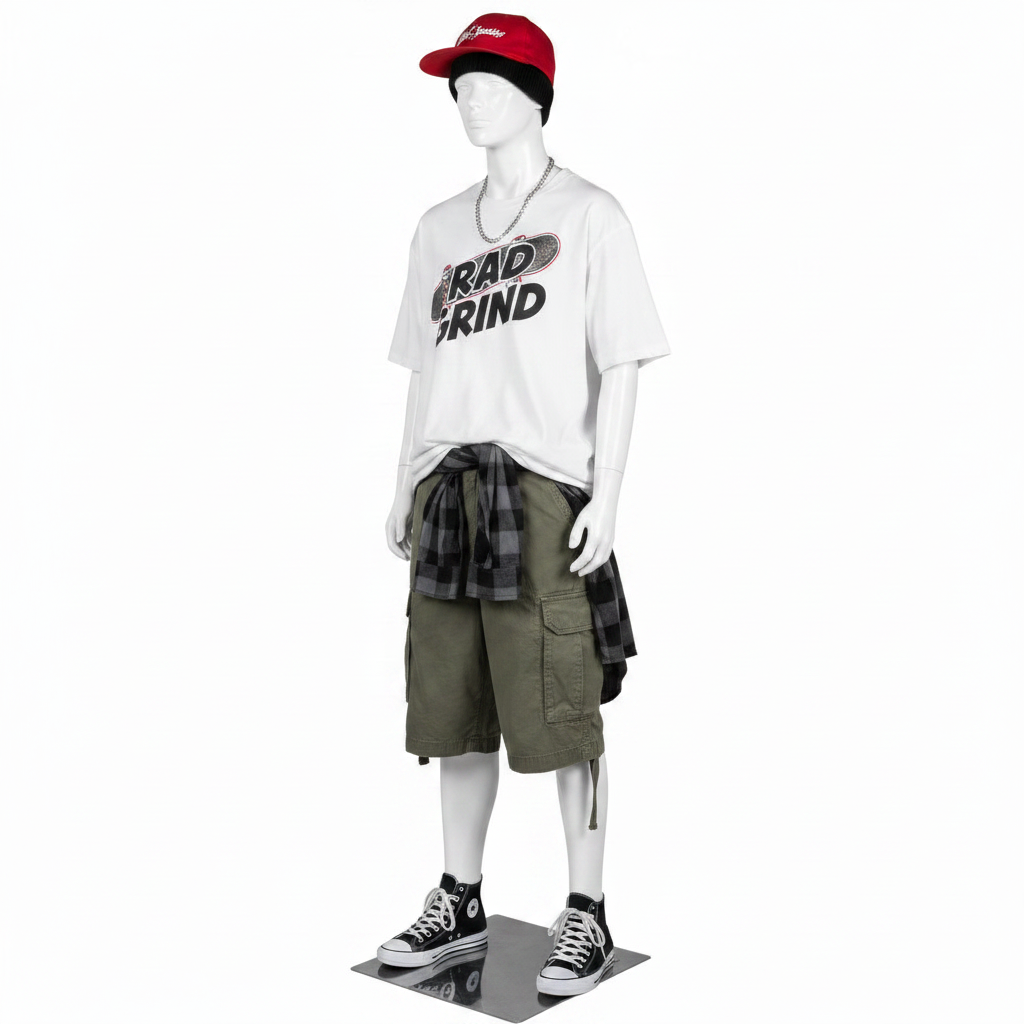 Schaufensterpuppe eines Teenagers. Weiß, mit Kopf, Gesicht und modelliertem Haar. Junge, 16 Jahre alt. Steht aufrecht.