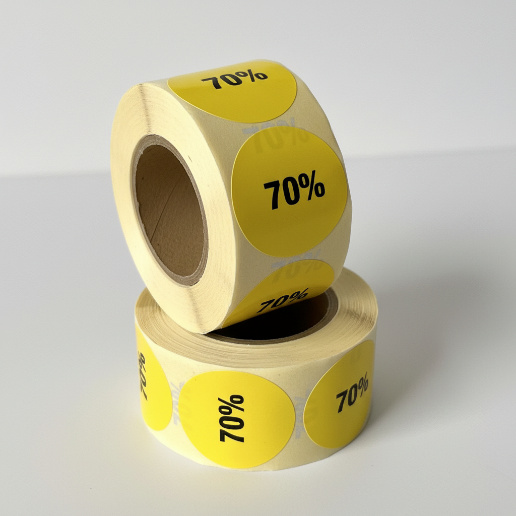 Gelber Rabattaufkleber 70%. Rolle mit 500 Stück. Ø 30 mm.