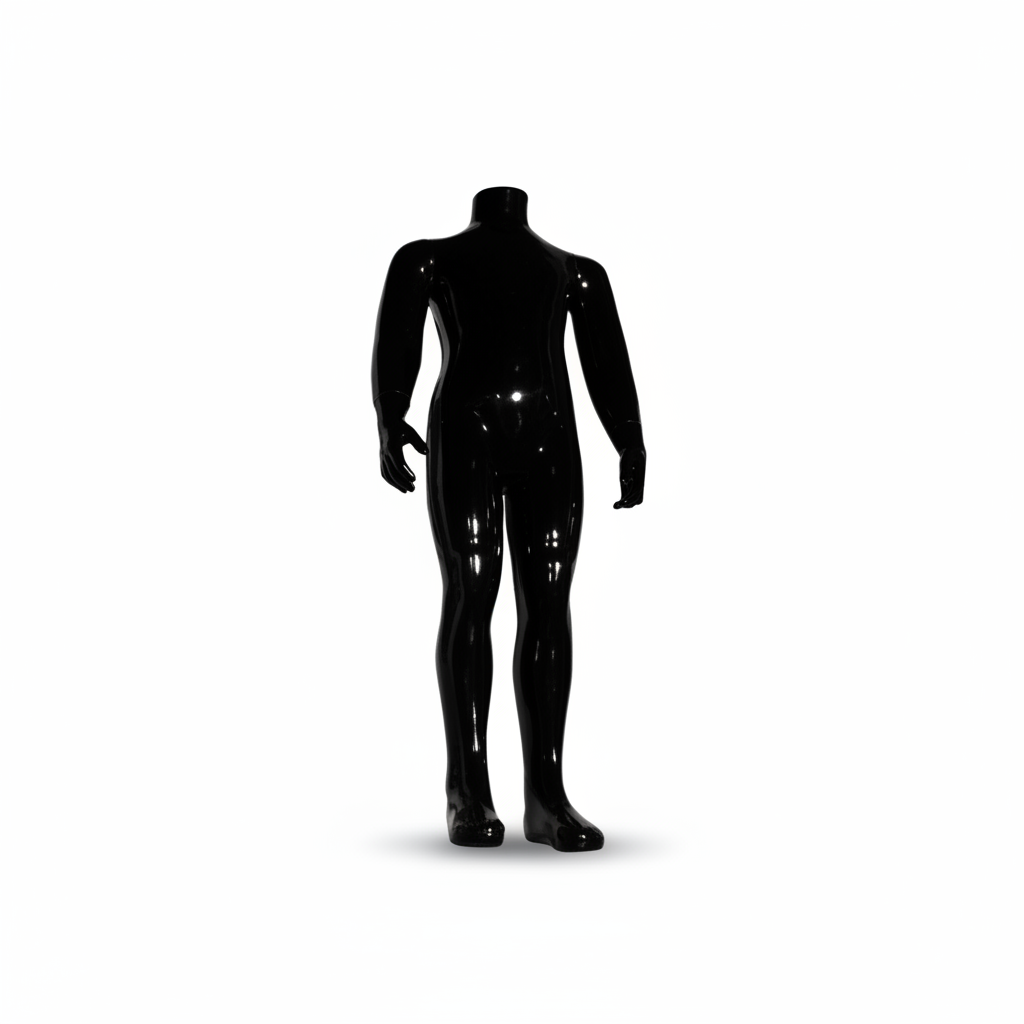 Schaufensterpuppe für Kinder (Familiengröße). Schwarz, hochglänzend. 4–6 Jahre. Höhe: 90 cm. Runder Glasfuß.