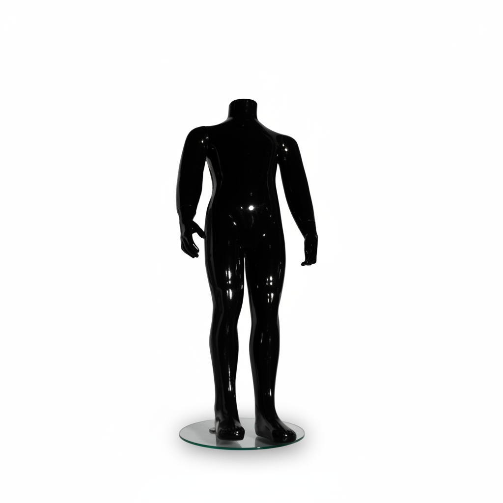 Schaufensterpuppe für Kinder (Familiengröße). Schwarz, hochglänzend. 4–6 Jahre. Höhe: 90 cm. Runder Glasfuß.