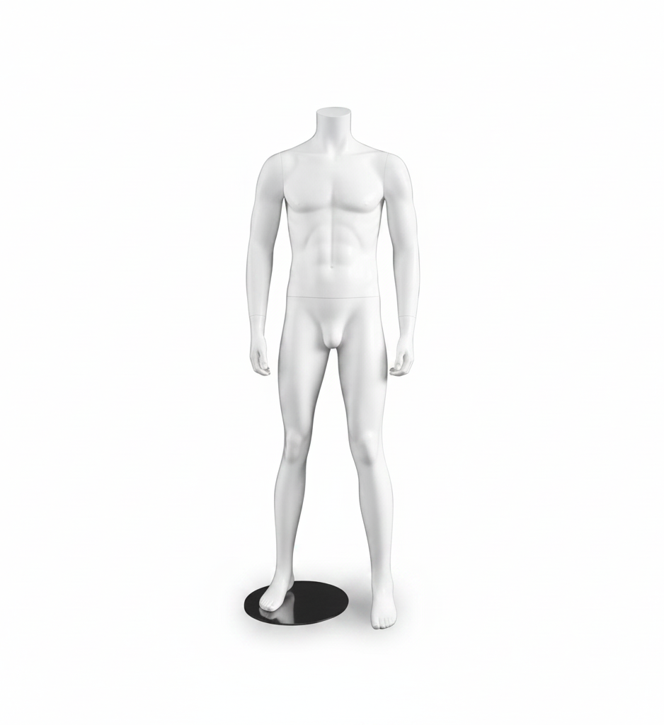 3000er männliche Schaufensterpuppe. Weiß, ohne Kopf. Runder Metallsockel. Höhe 175 cm. Modell A, stehend mit gespreizten Beinen.