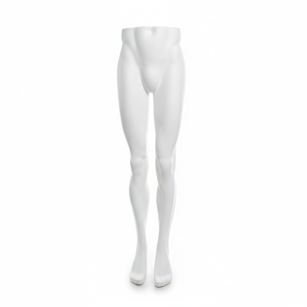 Männlicher Torso, Beine – weiß. Metallene Fußplatte. Unterteil einer Schaufensterpuppe.