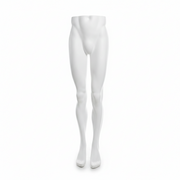 Männlicher Torso, Beine – weiß. Metallene Fußplatte. Unterteil einer Schaufensterpuppe.