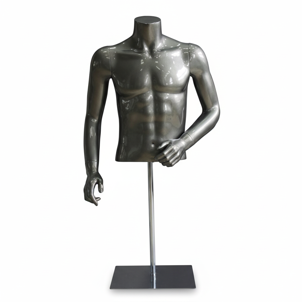 Herren-Torso-Tischmodell. Hochglänzendes Grau mit Rillen.