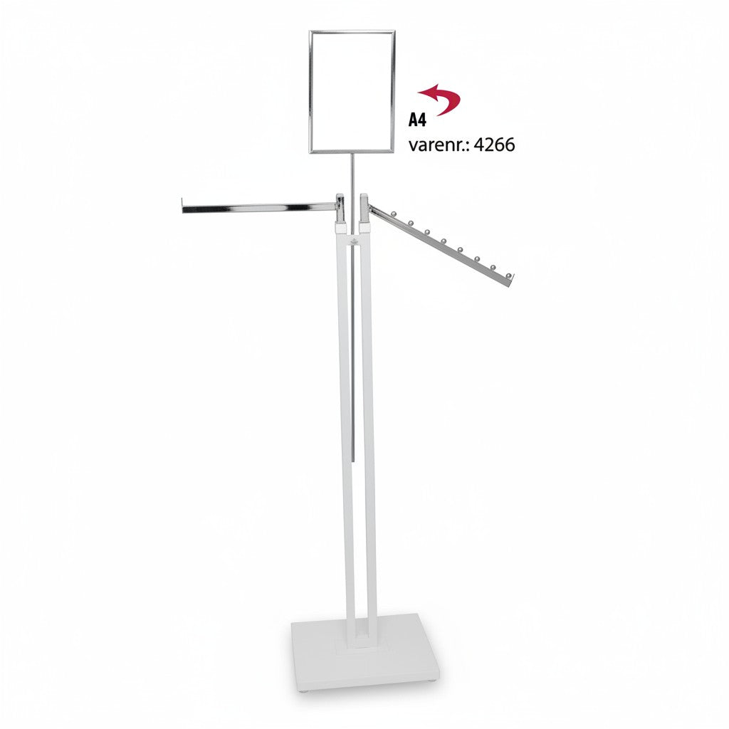 Joystick-Stativ, 1 gerade und 1 schräger Arm in Chrom, höhenverstellbar, mit Stellfuß, weißes Stativ, 80 x 39 cm, H125-195 cm