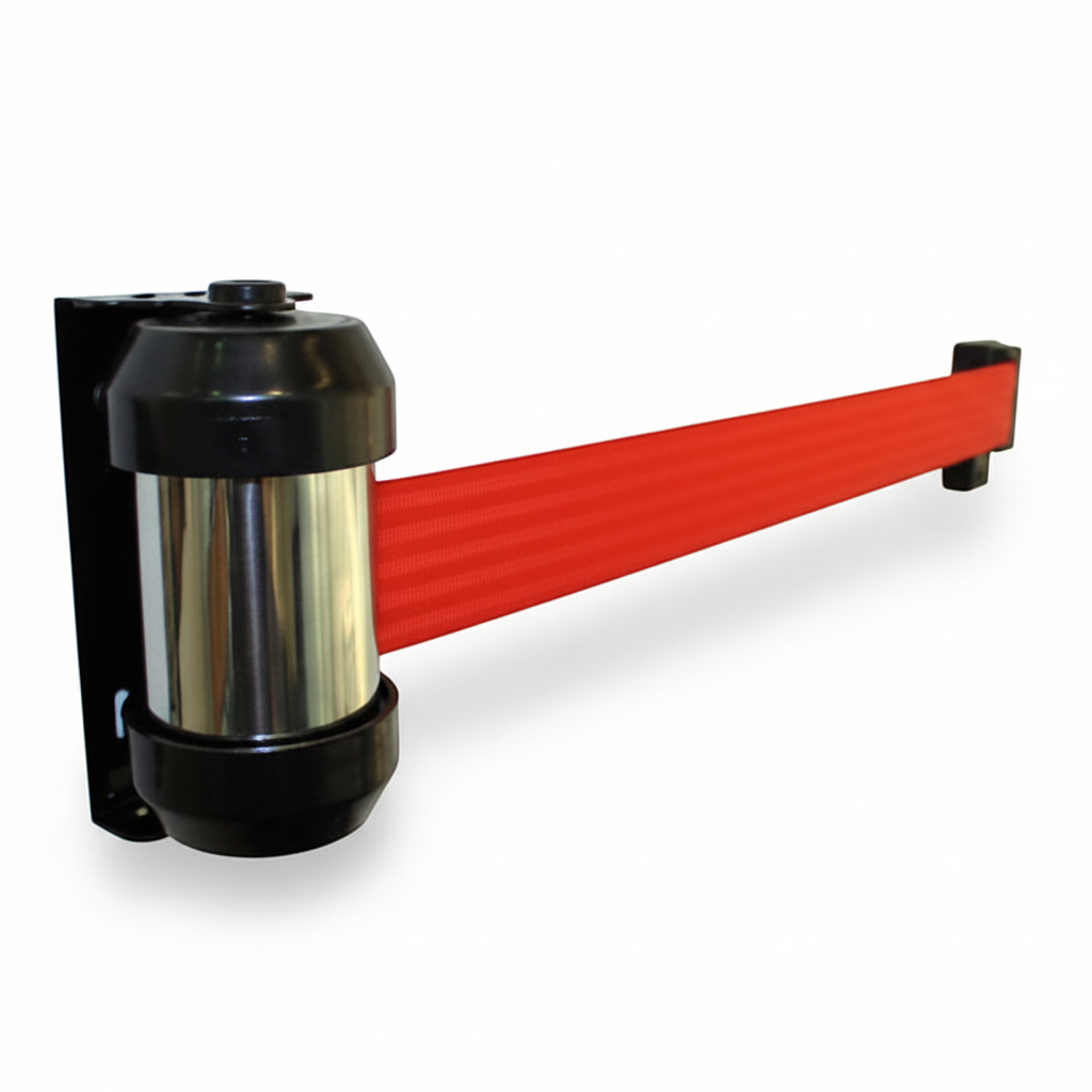 Absperrung mit 2 Meter rotem Band. Schwarze Halterung. Inkl. Wandhalterung