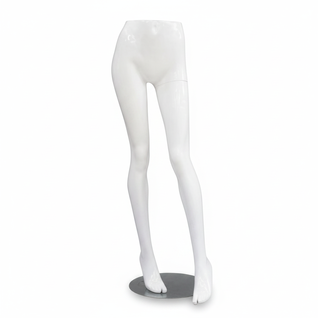 Weiblicher Torso, Beine – schwarz. Metallene Fußplatte. Unterkörper einer Schaufensterpuppe. Hüften.