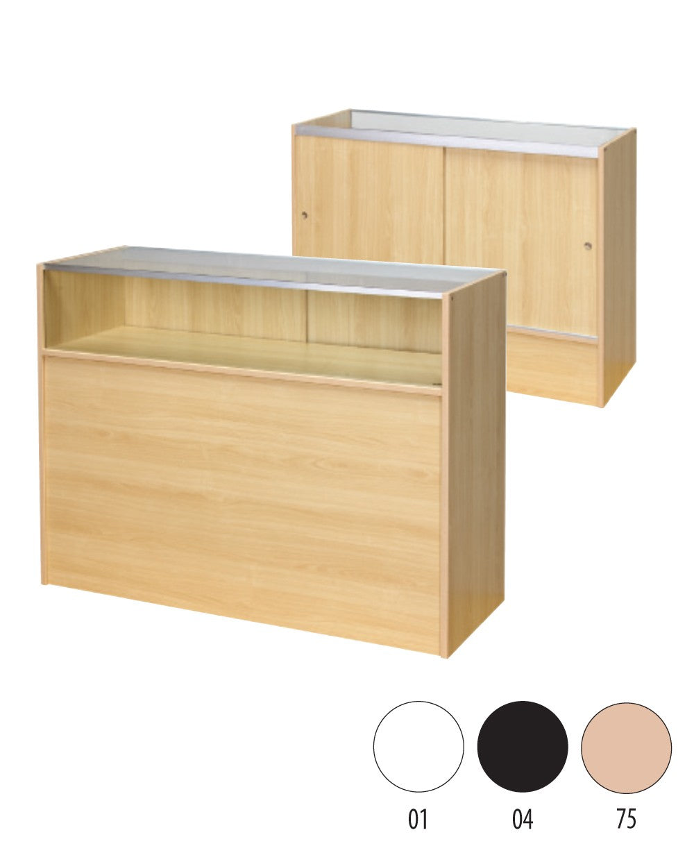 Schlanke Theke, Glasmodul, mit 1/4-Glasfront und Schiebetüren, Ahorn, B 122 × T 46 × H 96 cm