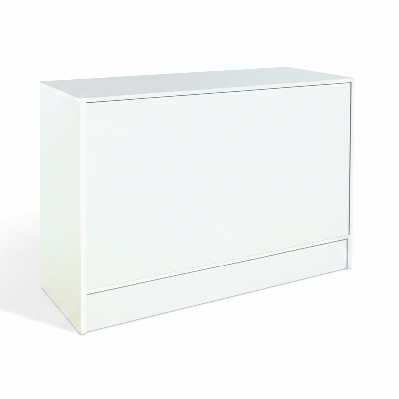 Slimline Disk, geschlossenes Modul, mit 3 Ablagen, weiß, Gesamtmaße: B 122 x T 46 x H 96 cm. 2 Sortierungen, Kratzer und Abnutzungsspuren.