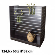 Sort H-gondol med endegavle, glashylder og kurv, med målene 124,6 x 60 x H132 cm
