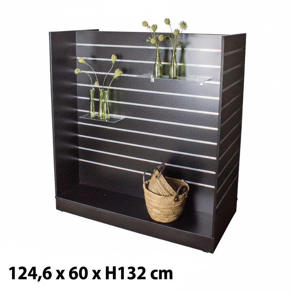 Sort H-gondol med endegavle, glashylder og kurv, med målene 124,6 x 60 x H132 cm