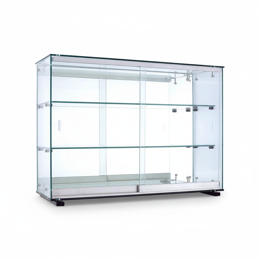 Normandie, Tischvitrine, breit, mittelgroß, mit Sicherheitsglas, inklusive 2 Einlegeböden, Schiebetüren, verspiegelter Rückwand, 78 x 25 x 55 cm