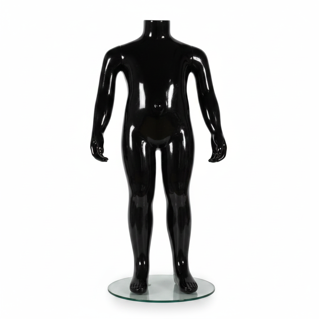 Schaufensterpuppe für Kinder (Familiengröße). Schwarz, hochglänzend. 2–4 Jahre. Höhe: 73 cm. Runder Glasfuß.