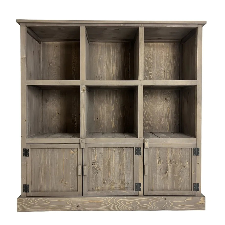 Bücherregal aus grauem Holz mit 6 Fächern und 3 Schränken. Höhe: 110 cm