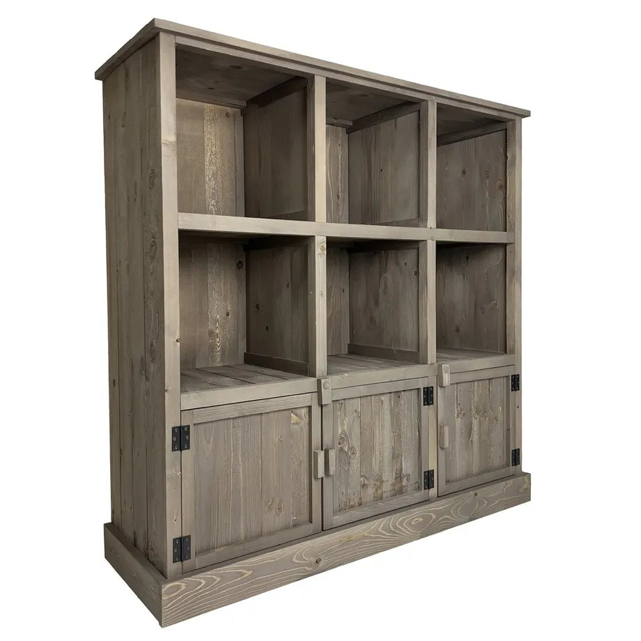 Bücherregal aus grauem Holz mit 6 Fächern und 3 Schränken. Höhe: 110 cm