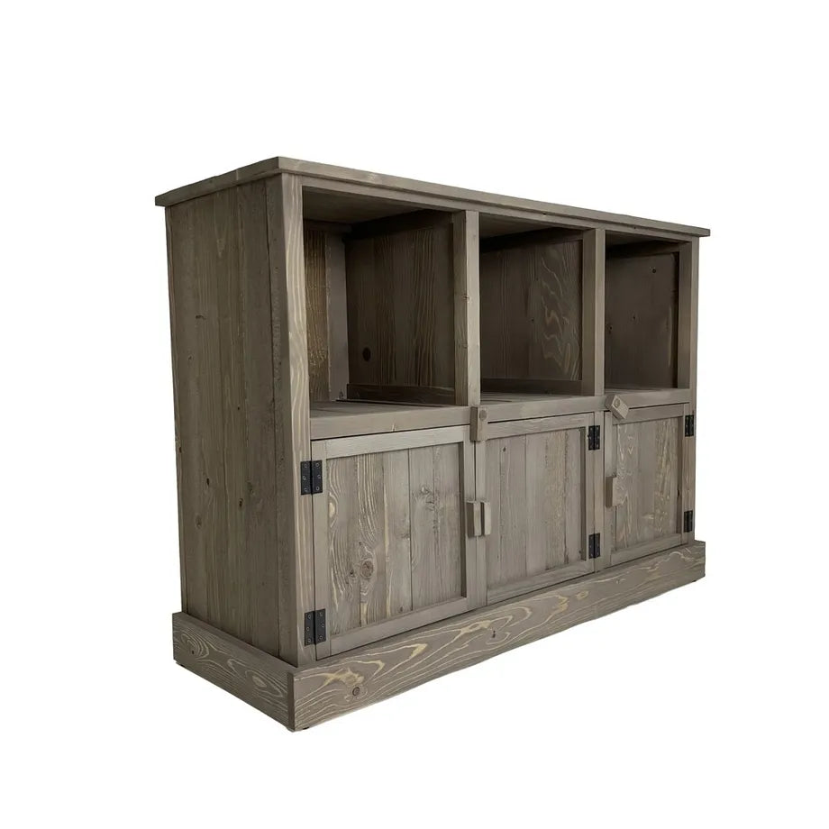 Bücherregal aus grauem Holz mit 3 Fächern und 3 Schränken. Höhe: 80 cm