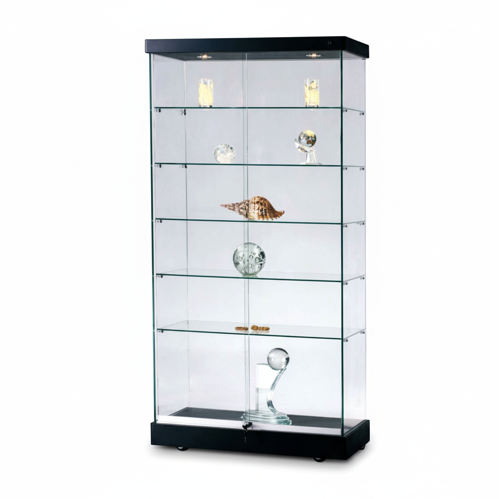 Vitrine - Toscana II, Bodenvitrine, mit Beleuchtung und schwarzer Ober- und Unterseite, 90 x 46 x H184 cm.
