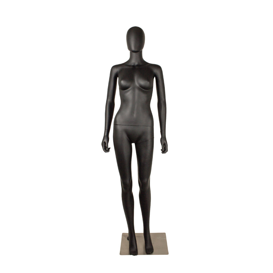 Standard-Schaufensterpuppe A, weiblich, mit geraden Armen, gesichtslosem Kopf und Fußplatte aus gebürstetem Satinmetall, schwarz