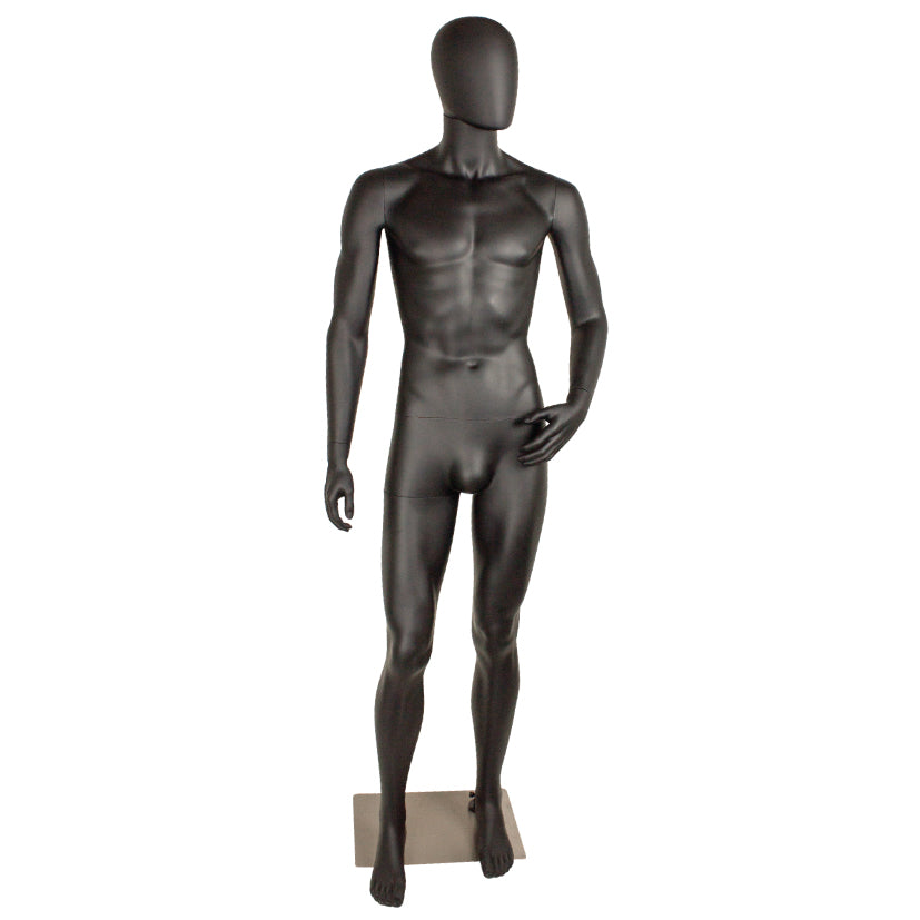 Standard-Männermannequin, Größe D, mit angewinkeltem Arm, gesichtslosem Kopf und Fußplatte aus gebürstetem Satinmetall, schwarz