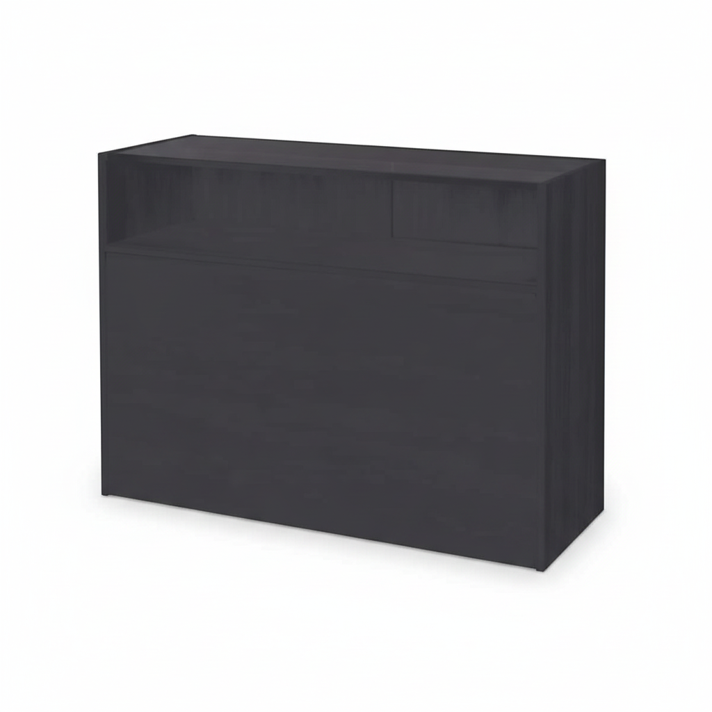 Schlanke Theke, Glasmodul, mit 1/4-Glasfront und Schiebetüren, schwarz, B 122 × T 46 × H 96 cm