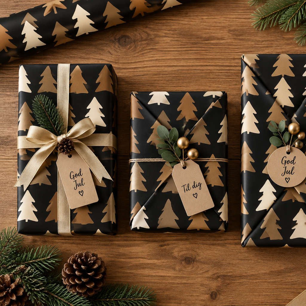 Geschenkpapier, Weihnachten, schwarz mit Gold, beige und kupferfarbene Weihnachtsbäume. B 50 cm x 50 m.