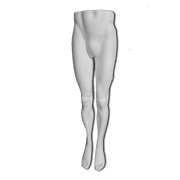 Männlicher Torso, Beine – weiß. Metallene Fußplatte. Unterteil einer Schaufensterpuppe.