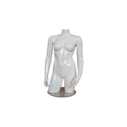 Weiblicher Torso aus Fiberglas. Weiß hochglänzend, ohne Kopf. Torso mit Hüften. Auf Fußplatte.