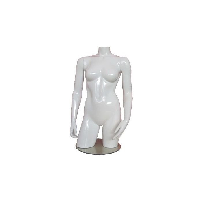 Weiblicher Torso aus Fiberglas. Weiß hochglänzend, ohne Kopf. Torso mit Hüften. Auf Fußplatte.