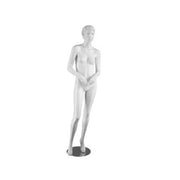 Realistische weibliche Schaufensterpuppe. Weiß, mit Kopf, Gesicht und modelliertem Haar. Runder Metallsockel. Hand in Hand.