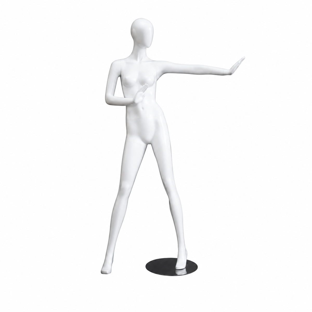 1100 Gesichtslose weibliche Schaufensterpuppe. Weiß hochglänzend mit gesichtslosem Kopf. Höhe 178 cm. Stop Disco