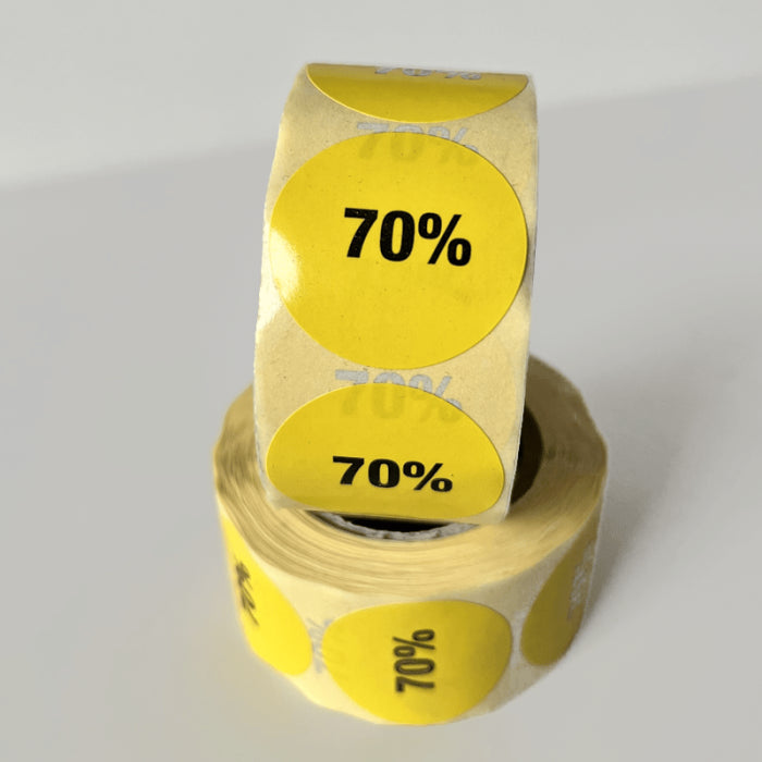 Gelber Rabattaufkleber 70%. Rolle mit 500 Stück. Ø 30 mm.