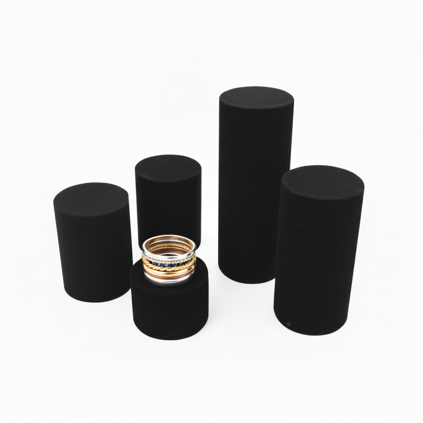 Schmuckdisplays. Set mit 5 zylindrischen Schmuckdisplays in schwarzem Flock.